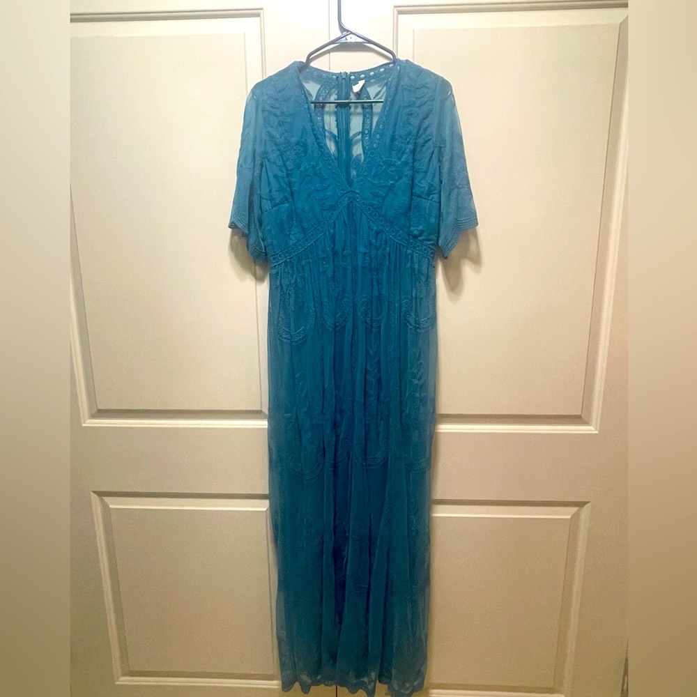 Teal lace low cut maxi dress